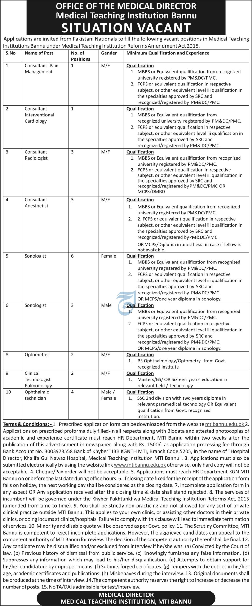 Jobs at MTI Bannu Medical Teaching Institution 2024