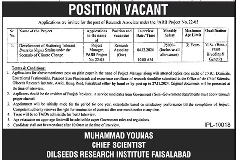 Employment opportunities in Oil Seeds Research Institute in Faisalabad, 2024