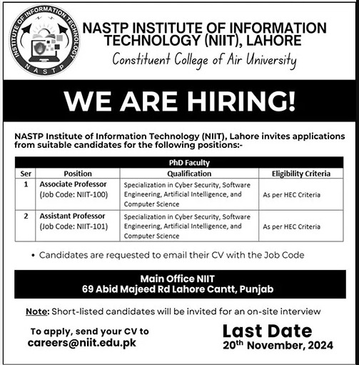 Jobs at NASTP Institute of Information Technology in Lahore