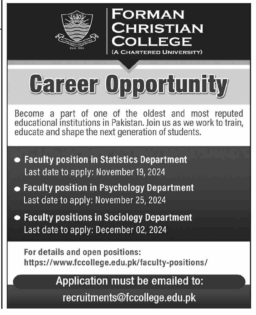 Jobs at Forman Christian College in Karachi in 2024