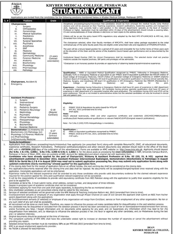 Employment at Khyber Medical College KMC MTI Peshawar 2024