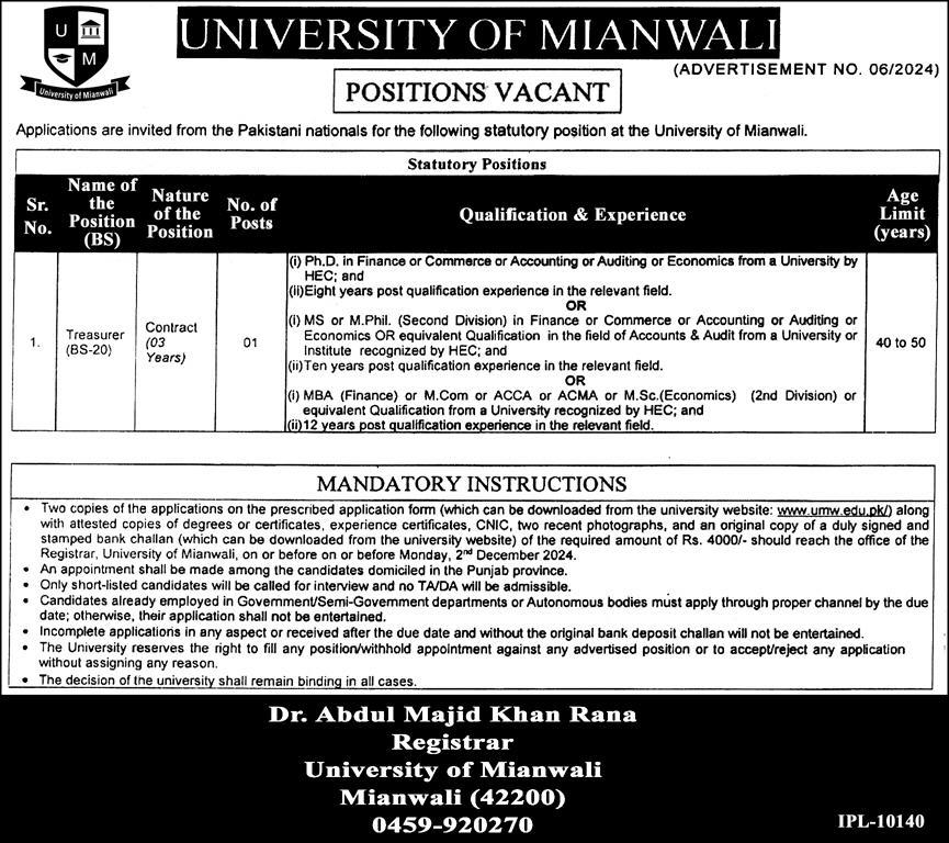 Jobs for Treasurers at the University of Mianwali in 2024