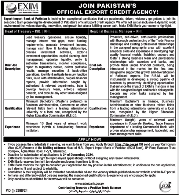 Opportunities for Employment at Pakistan's Exim Import Bank