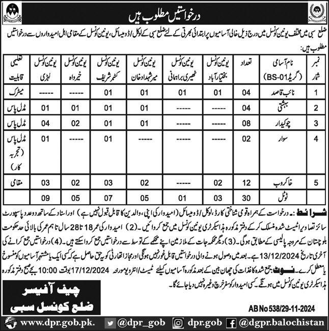 Jobs in District Council Sibi for Naib Qasid in 2024