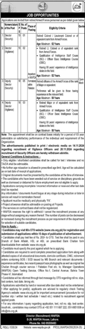 Notice of Jobs at the Water & Power Development Authority (WAPDA) in Lahore