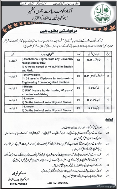 Jobs for 2024 at AJK Transport Authority Muzaffarabad