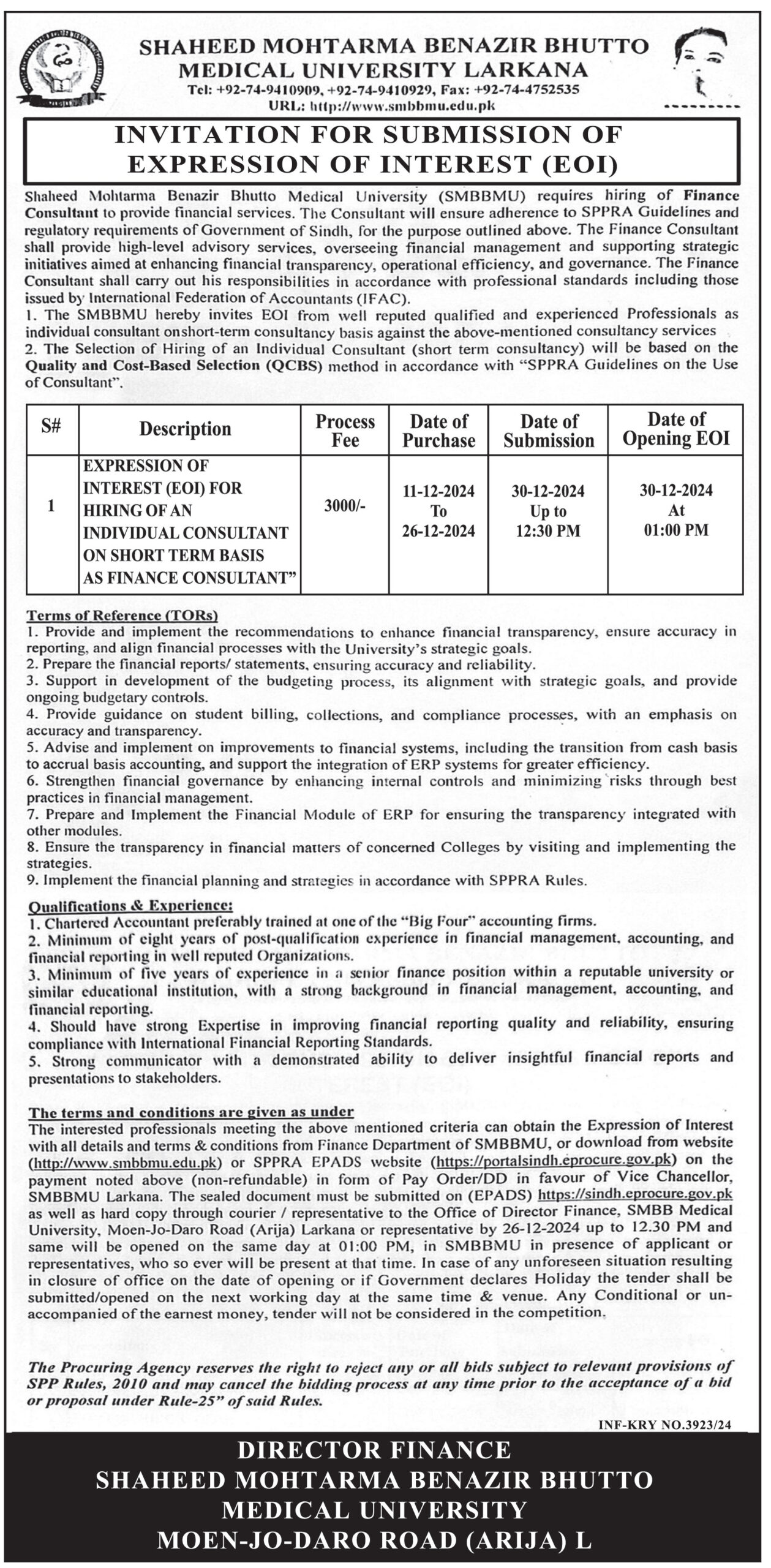 At Benazir Bhutto Medical University, a consultant is required