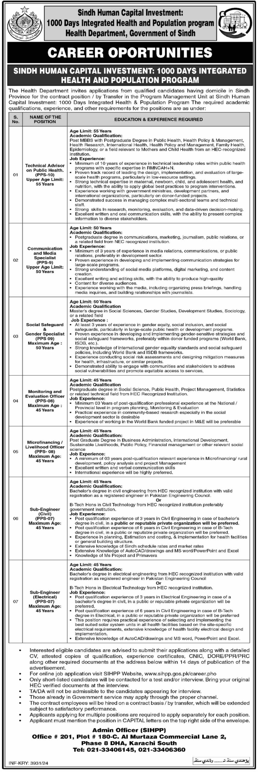 Health Department Sindh's employment advertisement