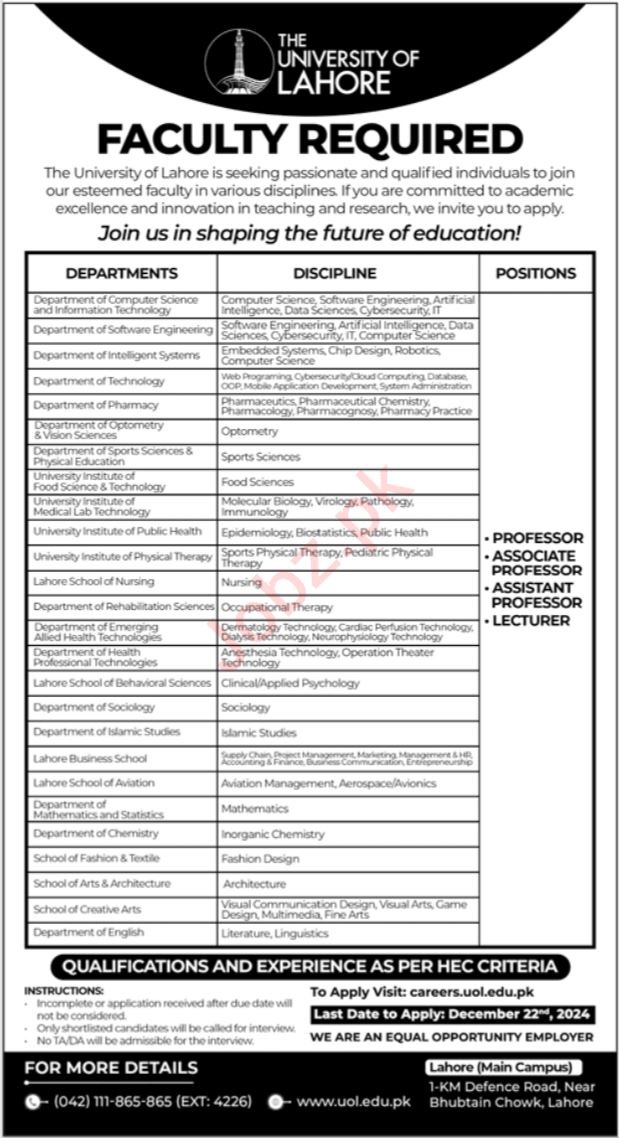 Jobs at The University of Lahore (UOL) in 2024